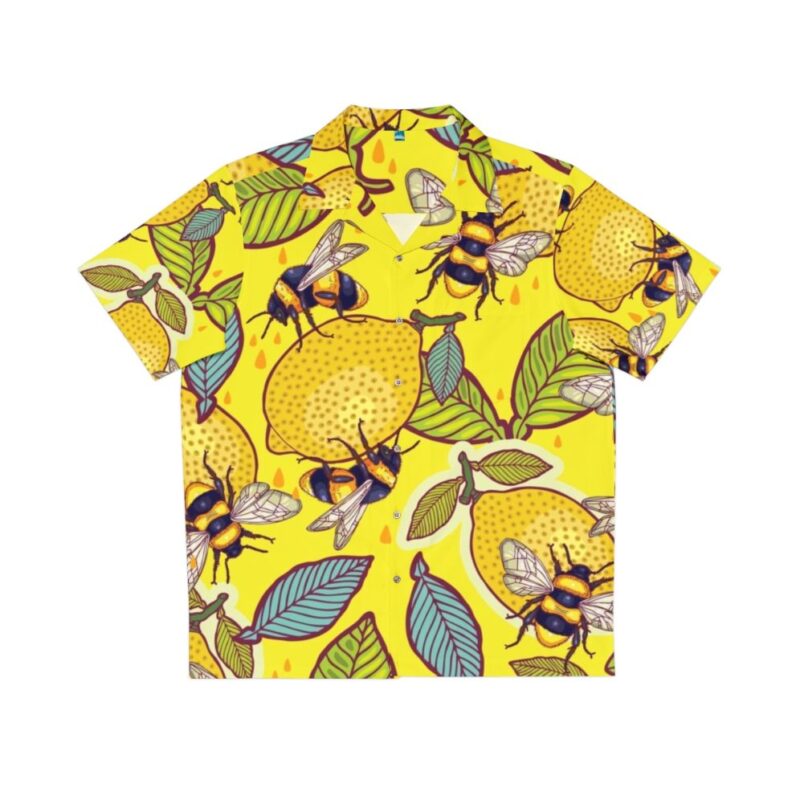 Yellow Hawaiian shirt with lemon and bee garden design