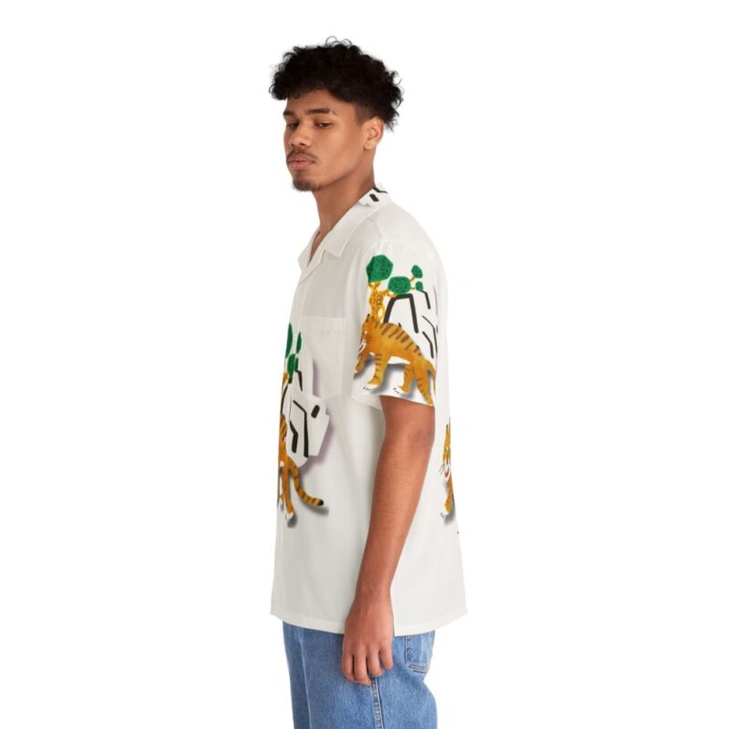 Vintage-inspired Hawaiian shirt featuring a tiger with a comedic expression in a minimalist, pop art design - People Left