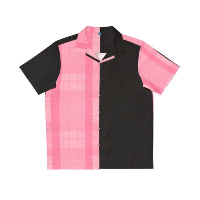 Vibrant pink and black Hawaiian shirt with plaid and stripe design