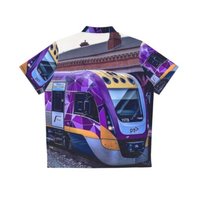 Vline train at Castlemaine Station in Victoria, Australia on a vibrant Hawaiian shirt - Back