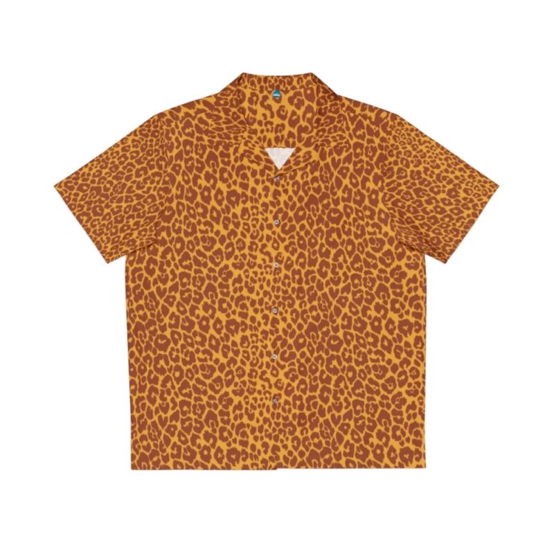 Vintage-style Hawaiian shirt with leopard spots in gold ochre and terra cotta colors