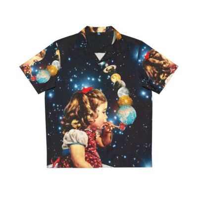 Vintage Hawaiian shirt with psychedelic collage art featuring surreal elements