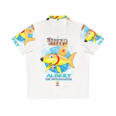 Vibrant Hawaiian shirt featuring a cartoon guard dog fish with colorful bubbles