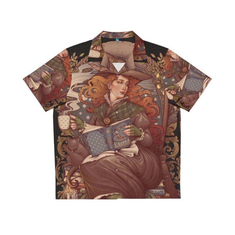 Vintage Hawaiian shirt with art nouveau design and black cat motif