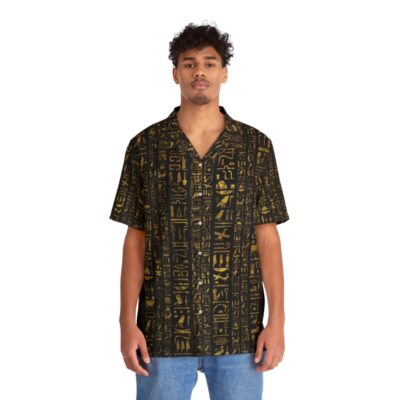 Vintage Egyptian Hieroglyphs Gold on Black Hawaiian Shirt - People Front