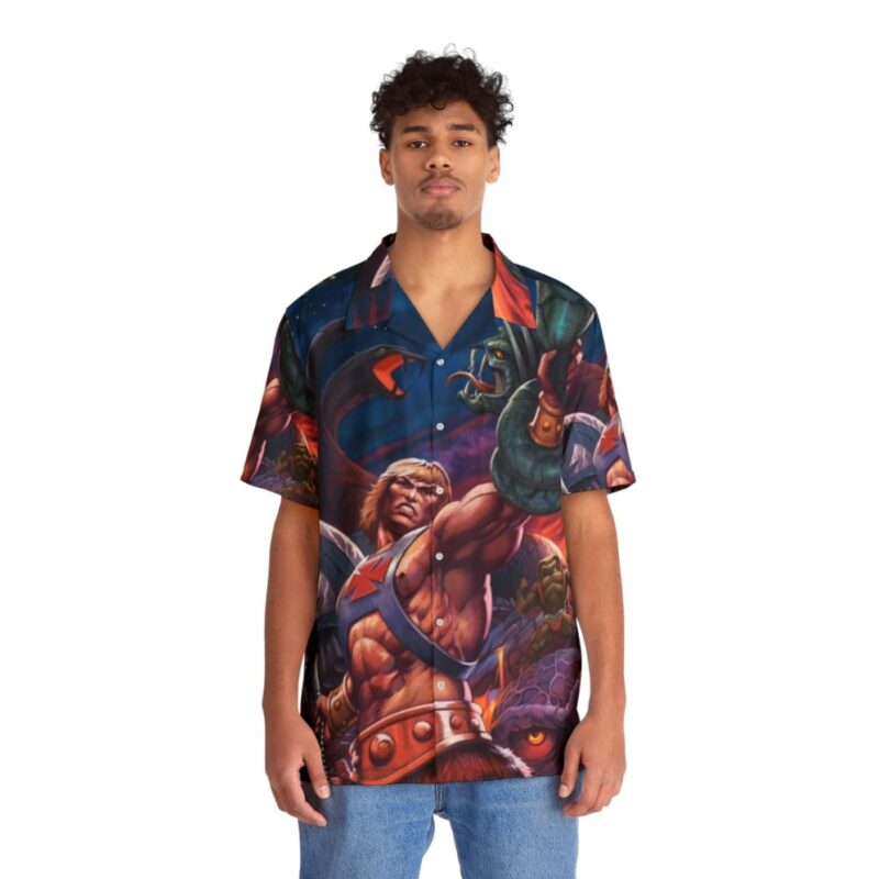 Vintage 80s superhero Hawaiian shirt with pulp art inspired design - People Front