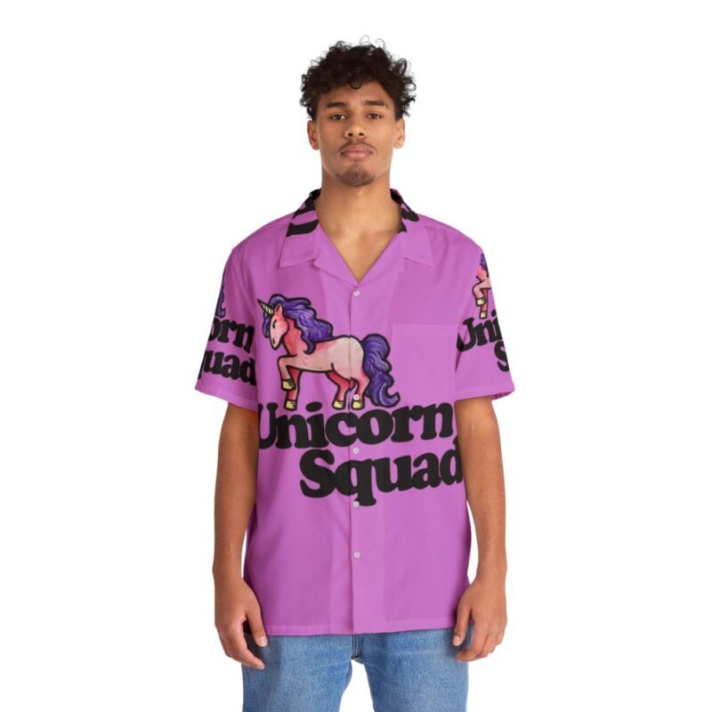 Vibrant pink and blue unicorn print Hawaiian shirt - People Front