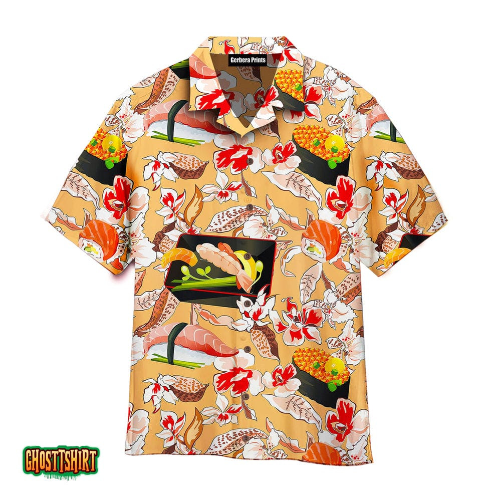 Beautiful Classic Japanese Sushi Floral Orange And Colorful Aloha Hawaiian Shirt