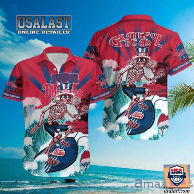 HOT Philadelphia Phillies Skeleton Surfing Short Sleeve Hawaiian Shirt