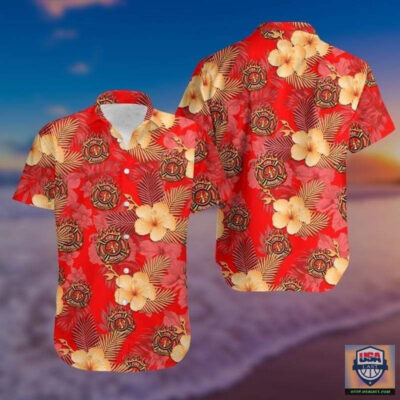 Firefighter Red Hibiscus Hawaiian Shirt