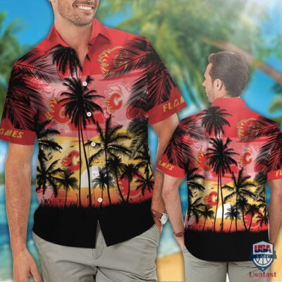 Calgary Flames Palm Tree Hawaiian Shirt