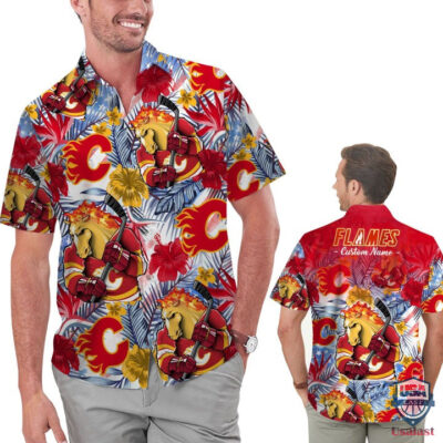 Calgary Flames Tropical Floral Custom Name Hawaiian Shirt