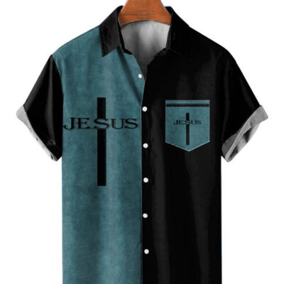 Casual Cross Jesus Print Easy Care Chest Pocket Aloha Shirts