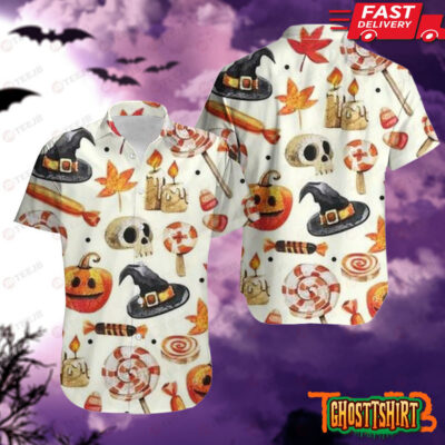 Candy Witch Hats Skulls Pumpkins Halloween Pattern Hawaiian Shirt